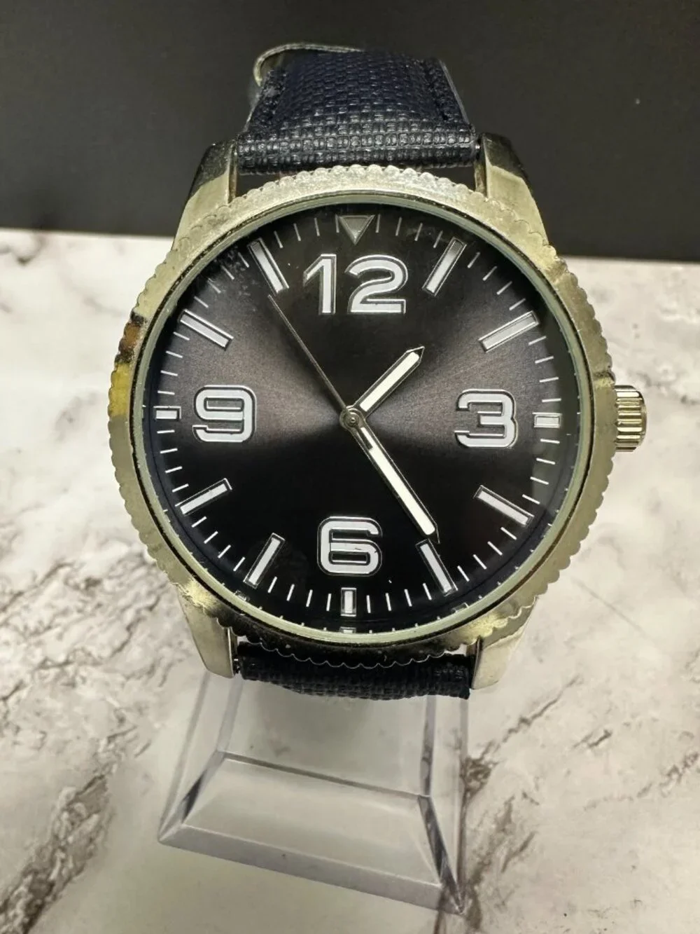 3/$30 Accutime Watch Men Silver Tone Blue Faux Leather Band 40MM Round